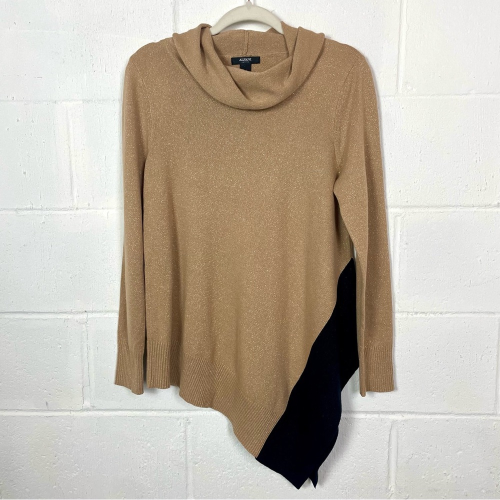 Alfani Cowl Neck Sweater Tunic Tan/Black Shimmer Asymmetric Hem Holiday Glam PL